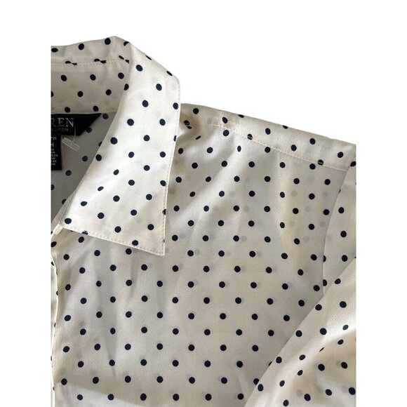 Lauren Ralph Lauren Button Up Blouse Ivory with Navy Polka Dots Classic Size XS - Picture 8 of 16